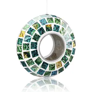 Bird Feeder - Fly Through Birds Feeder for Outside, Hanging Mosaic Glass Birdfeeder for Outdoors Circle  Bird Seed Container, 7-inch Green