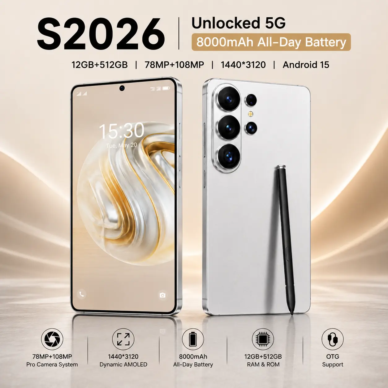 S2026 5G Android 15 Mobile Phone - 12GB+512GB Large Storage, 6.99" HD Display, 78MP&108MP Cameras, 8000mAh All-Day Battery, Dual SIM, Built-In Stylus, Face Unlock, Full Accessories Kit