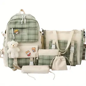 SHUJUAN Cute Plaid Cartoon Canvas Five-Piece School Bag Large Capacity Casual Simple Backpack Women's Travel Bag Cosmetic Bag for Girls And Women Green Backpacks School Machine Washable Stylish Daypack diaper bag tactical accessories