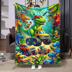 Dinosaur Monster Truck Flannel Blanket 2D Flat Print Ultra cute Soft cozy Fabric Kids Bedroom Playroom Essential Machine Washable Durable All Season Comfort Multi Scene Use Cartoon Pattern Throw warm nap digital Smiling
