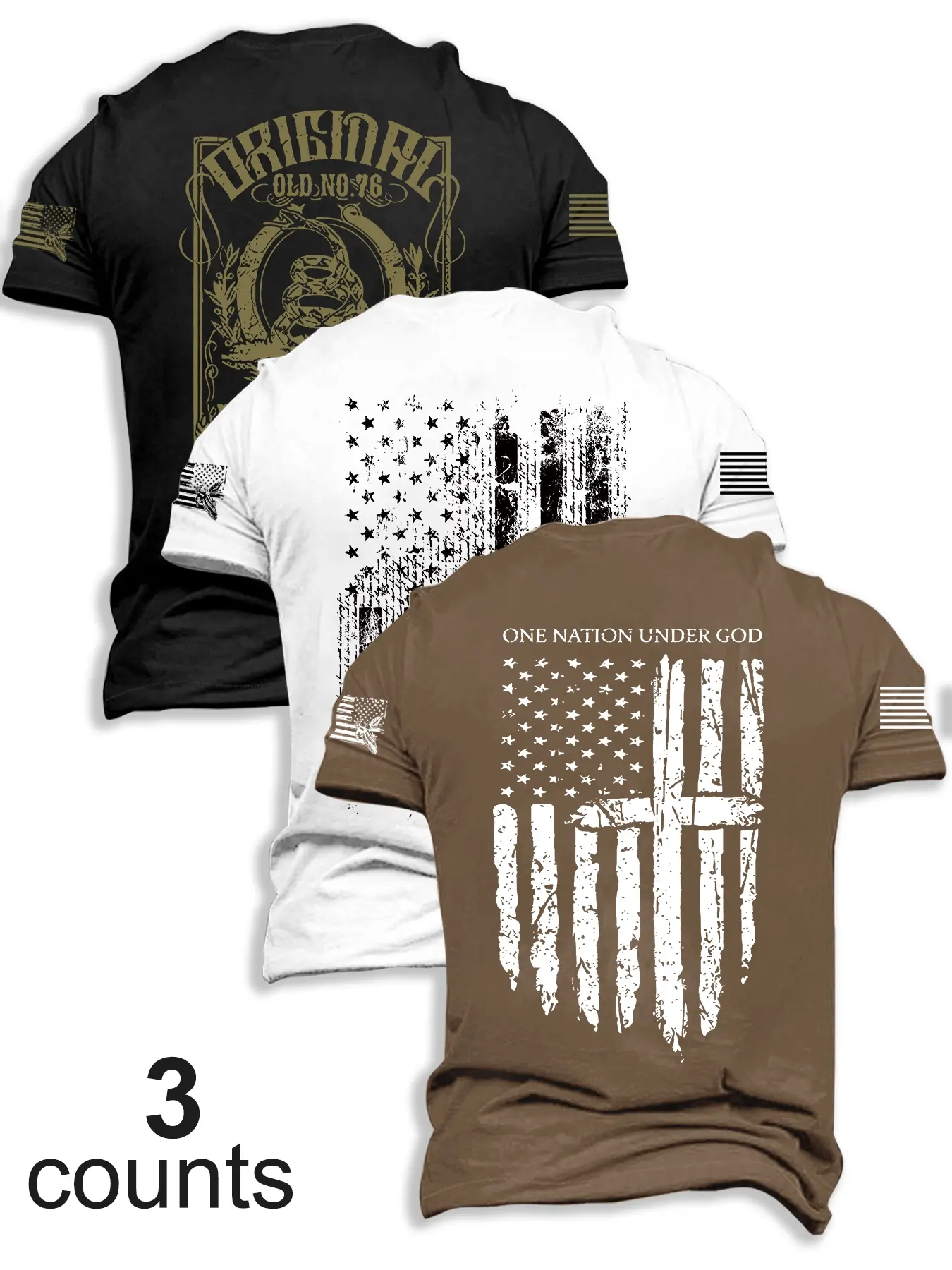 3-Pack Men's Moderate Fabric Flag Series Short Sleeve Casual Print Fitted Round Neck T-Shirts, Summer Fashion Outdoor Travel Tees