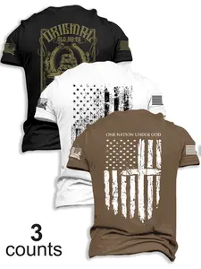 Men's Flag Series Short Sleeve Casual T-Shirts Set, Prints, Summer Fashion Outdoor Travel Tees, 3 Pack Fitted Style, Moderate Fabric