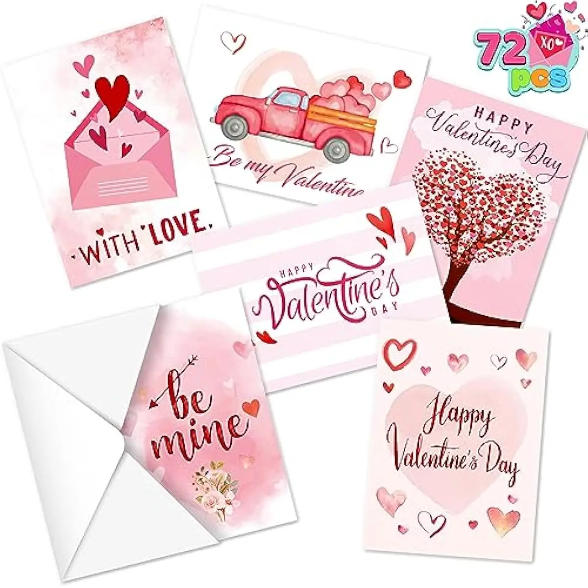 Set of 72 Valentine's Day Cards with Envelopes, Pink Greeting Card for Hearts Day, Kids Classroom Exchange, Wedding Cards, Valentines Party Favor, 6 Designs
