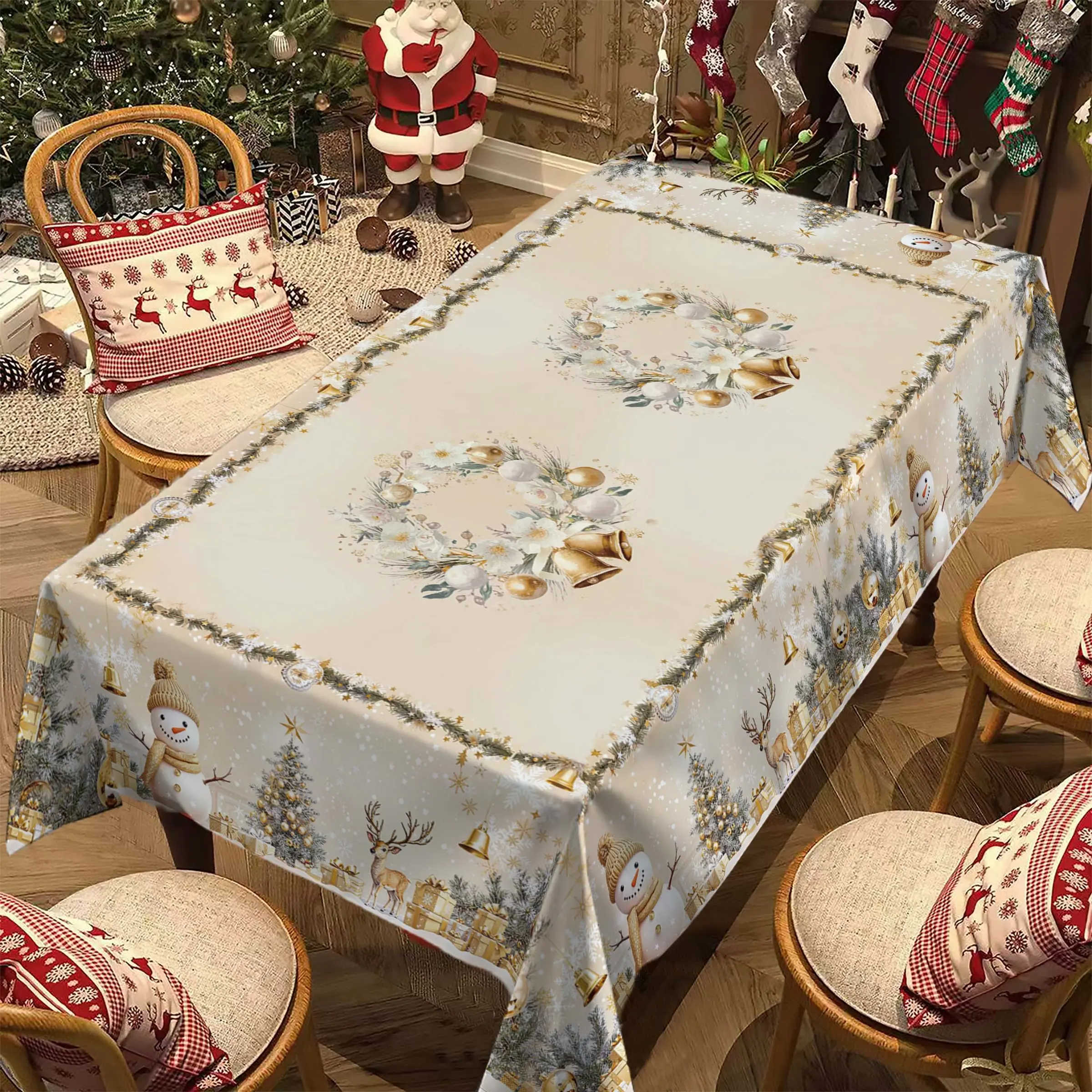 Christmas Tablecloth, Snowman Wreath Bell Design, Rectangular Holiday Decor for New Year Party & Dinner, Best Xmas Gift, Party Decoration Supplies