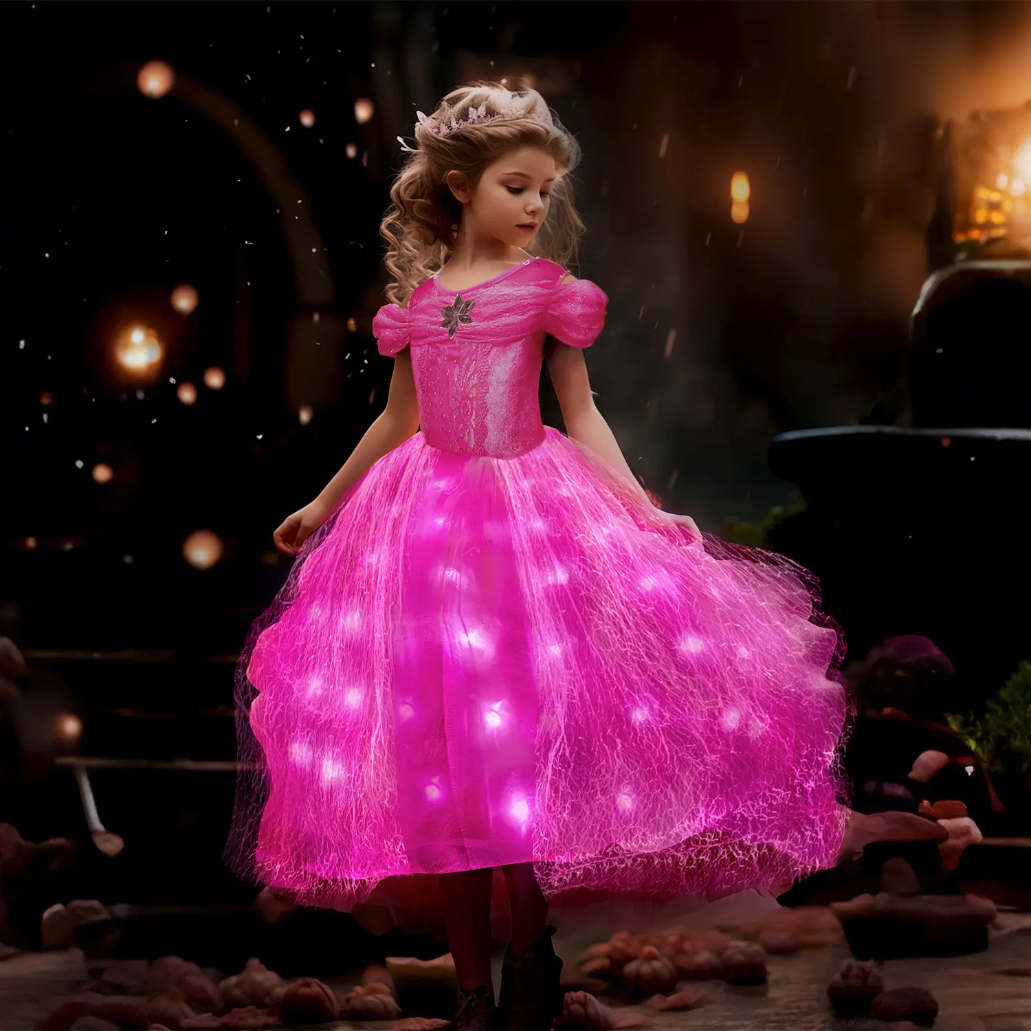 UPORPOR Girls' Light-Up Tulle Princess Dress, Fairy Magic Costume with Star & Rhinestones for Birthday Party, Cosplay (3-10 Years), Costume For Parties, Halloween, Birthday Dress, Acrylic, Waterproof, Cosplay Gear, Fantasy, Cartoon Character, Birthday Par