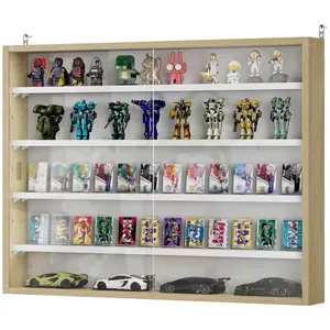 5-Tier Oak and White Wall-Mounted Glass Display Cabinet, 2 Glass Doors, Adjustable Shelves, Dining Room Indoor Cupboard