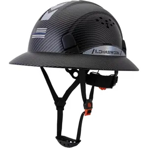 Matte Black ABS Plastic Full Brim Hard Hat, 6-Point Ratchet Suspension, Safety Certified, Adjustable Vent, Reflective Strips for Construction, Industrial Work
