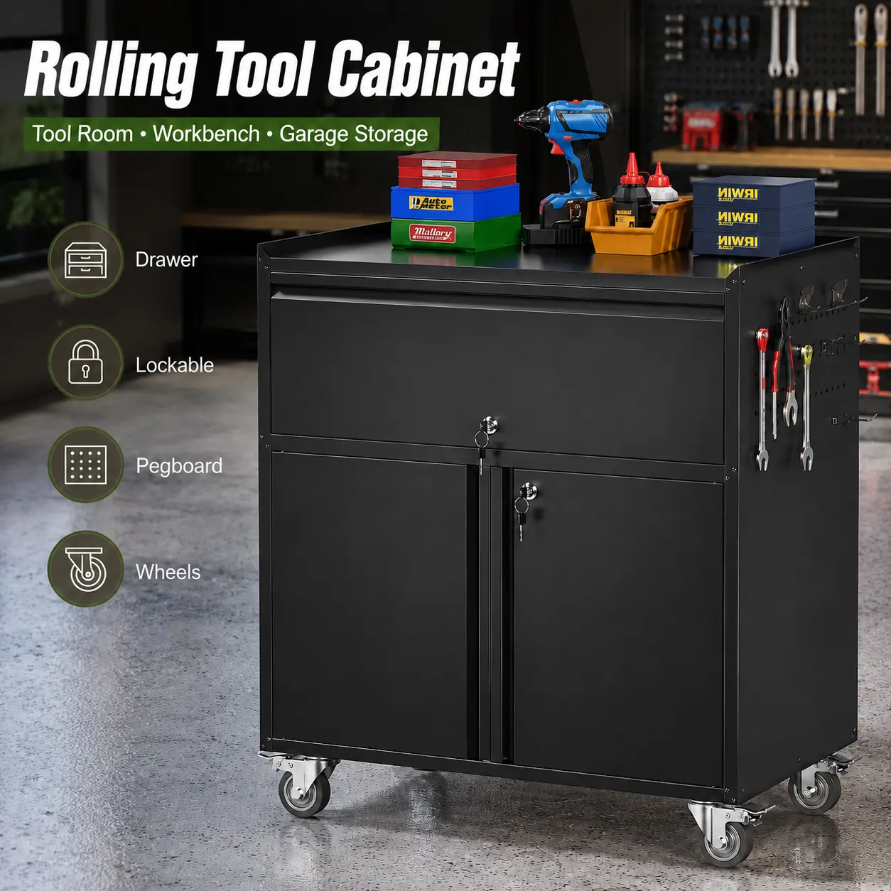 Rolling Tool Cabinet with Wheels, Heavy Duty Metal Garage Storage Cabinet, Lockable Tool Chest with Drawer and Doors, Mobile Workbench Organizer with Side Pegboard Hooks, Utility Storage Cabinet for Tool Room, Workshop, Garage, Home Office, homemakeover s