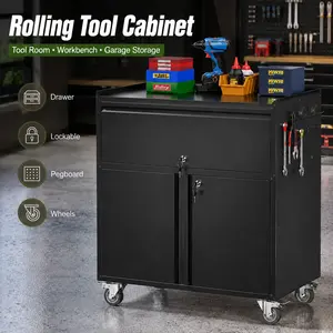 Rolling Tool Cabinet with Wheels, Heavy Duty Metal Garage Storage Cabinet, Lockable Tool Chest with Drawer and Doors, Mobile Workbench Organizer with Side Pegboard Hooks, Utility Storage Cabinet for Tool Room, Workshop, Garage, Home Office, Repair Station