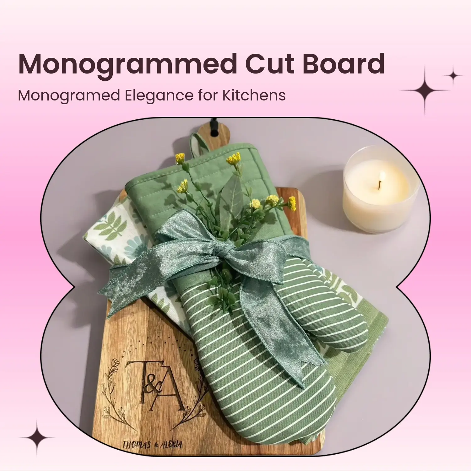Custom Cutting Boards with Oven Mitts and Towel Set - Personalized Monogrammed Design for Kitchen Decor