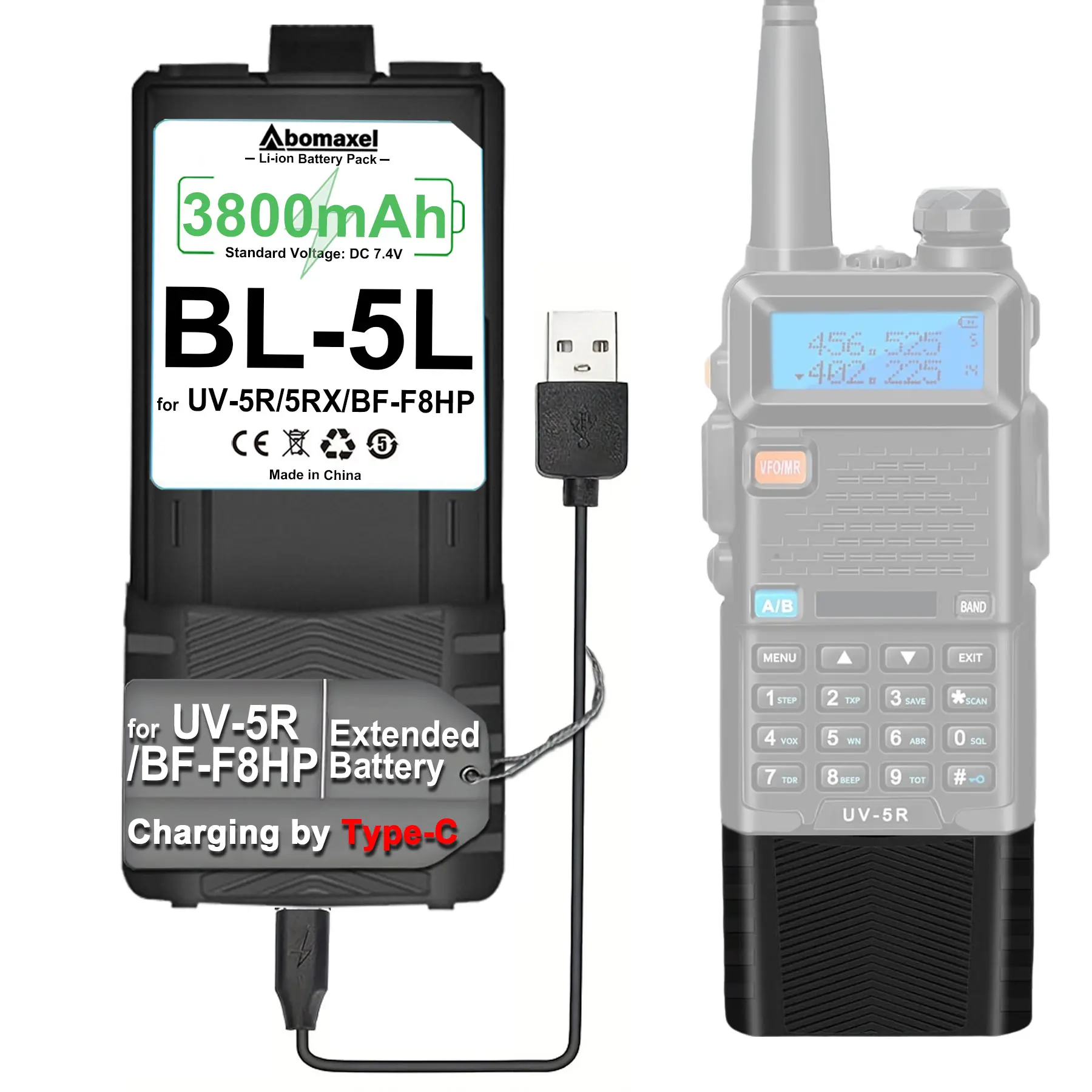Upgraded BL-5 Battery for Two Way Radio, BL-5L Battery with Type-C Port, Replacement Battery for Portable Intercom, Walkie Talkie Battery, Li-ion Battery Replacement for 5R 5RX BF-F8HP Series, High Power and Large Capacity, 1 Pack