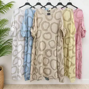 ESYAZO Italian Linen Abstract Circle Maxi – Relaxed One-Size Caftan Dress with Pockets