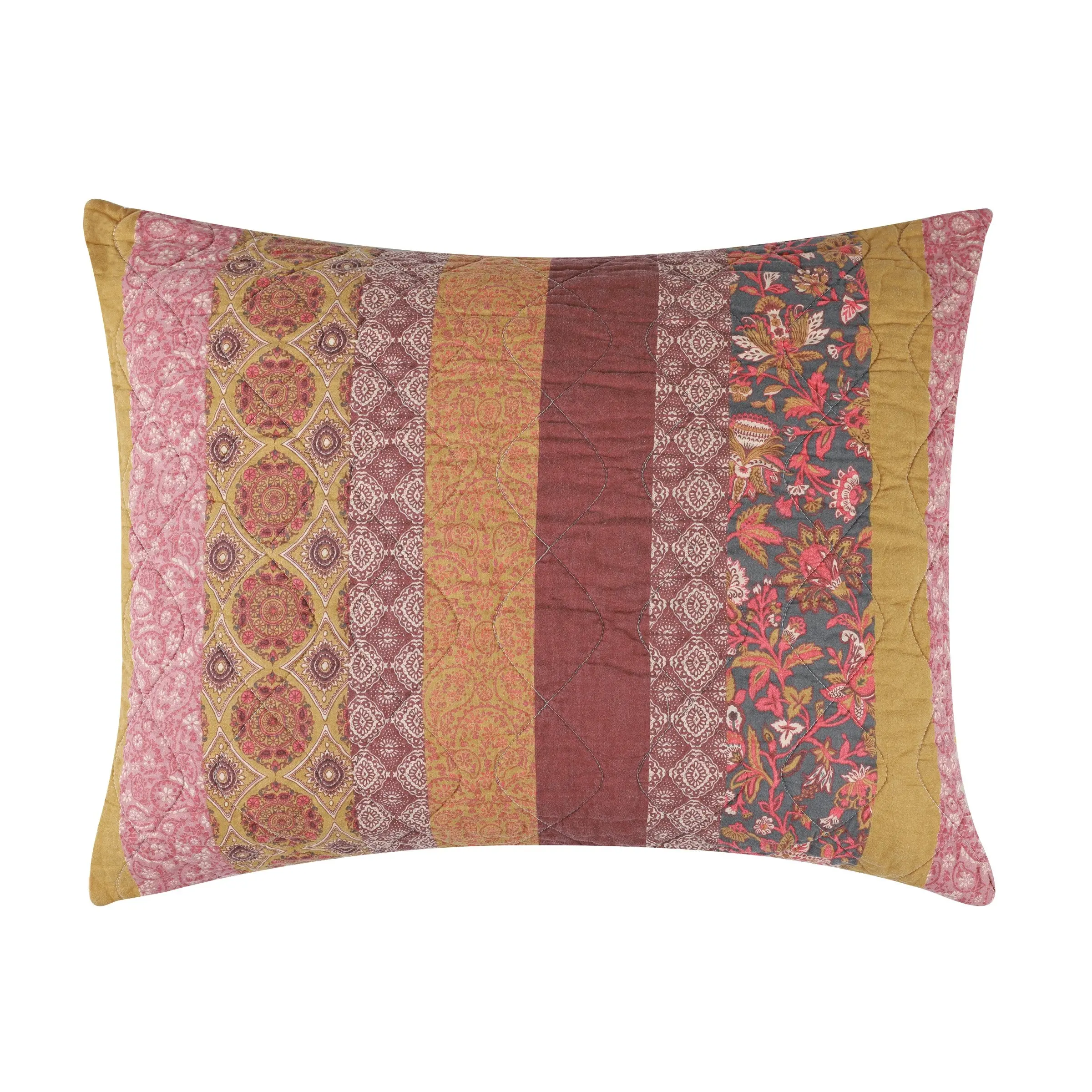Greenland Home Fashions Marigold Sham –  Quilted Pillow Cover with Floral Motif, 100% Cotton, Warm Boho Colors