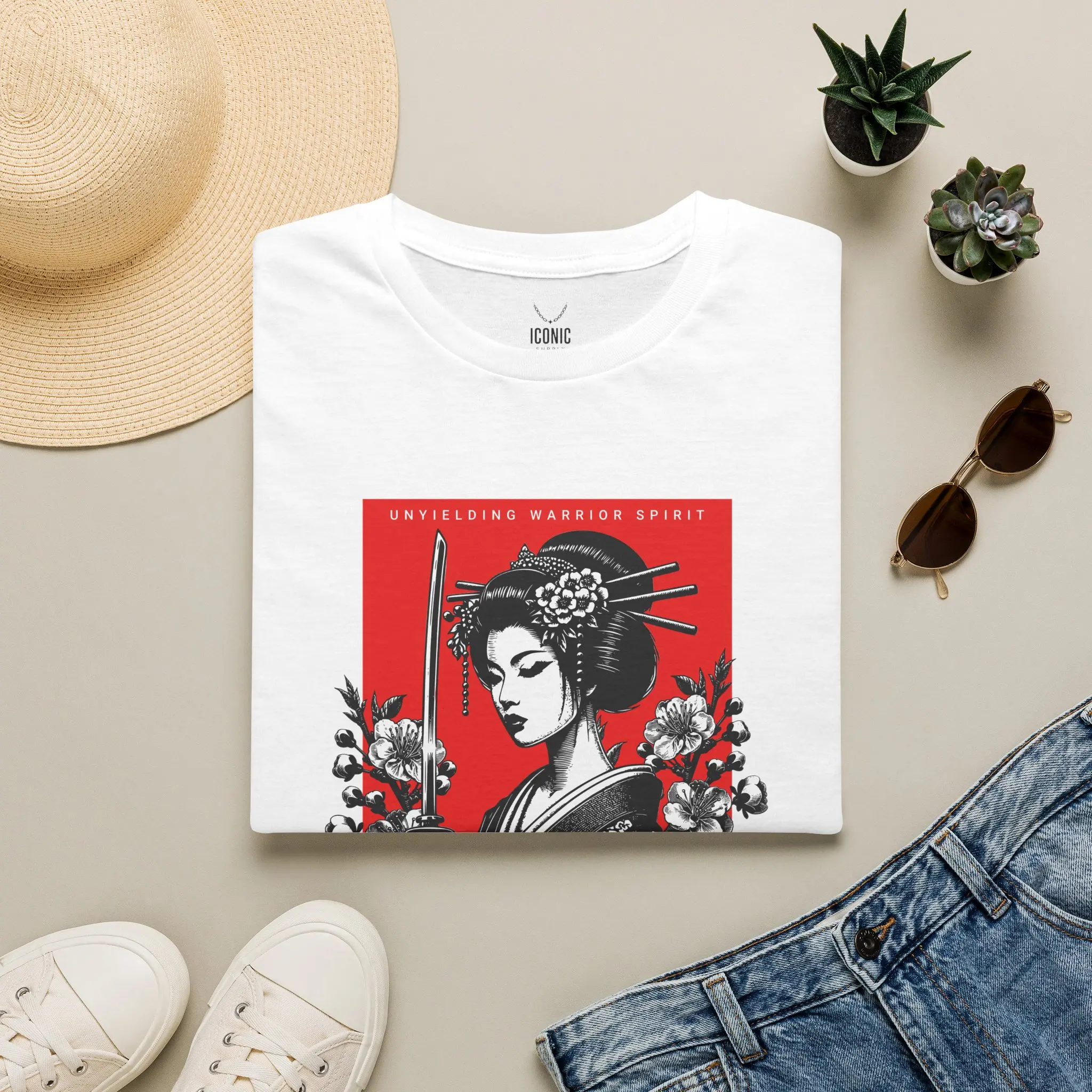 Fierce Geisha Illustration T-Shirt | Japanese Warrior Art, Floral Graphic