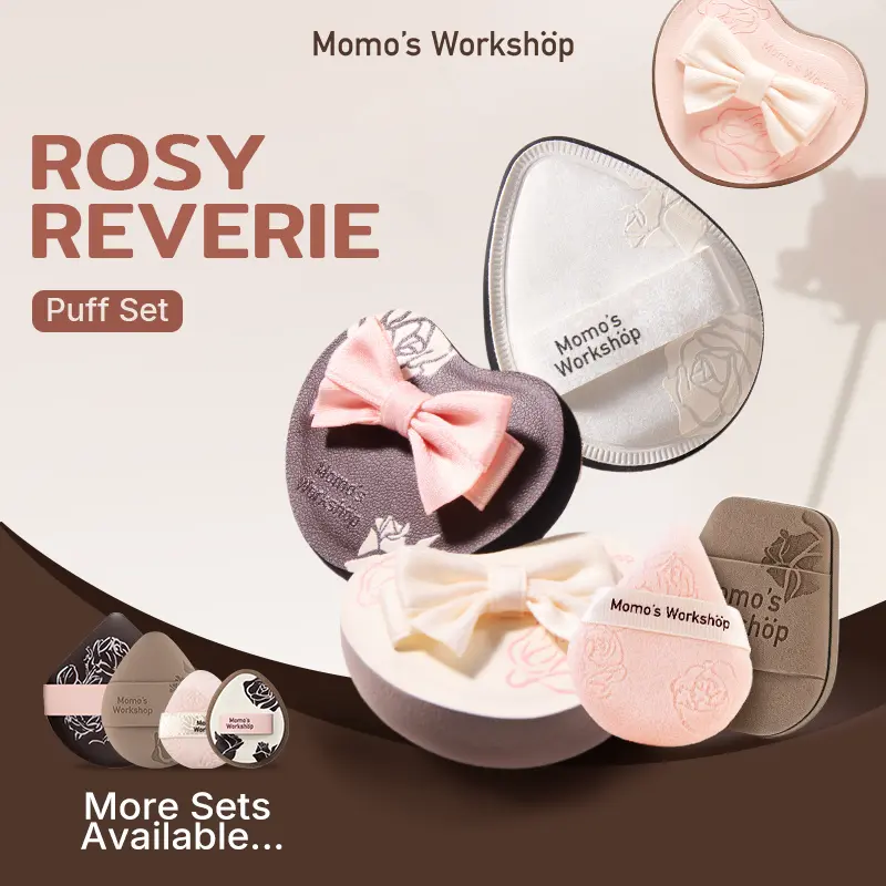 Momo's Workshop Rosy Reverie 11-Piece Smoothing Rubycell Sponge Puff Set - Rose Puffs for Liquid, Cream Cosmetics, Blush, Foundation, Concealer, Setting Powder, Heart Design, Beauty Products, Travel & Gift-Friendly, with Box, Daily Use