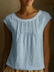 Women's Elegant Casual Vacation Style Lace Collar Linen Blend Breathable Round Neck Top, Loose Fit Slimming Cover-Up, Versatile Sleeveless Vest, Womenswear, Elegance