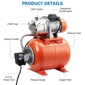 1.6HP Automatic Shallow Well Pump with Pressure Tank, 976 GPH Stainless Steel Jet Pump, Automatic Water Booster Pump for Garden Pool Lawn Farm Irrigation