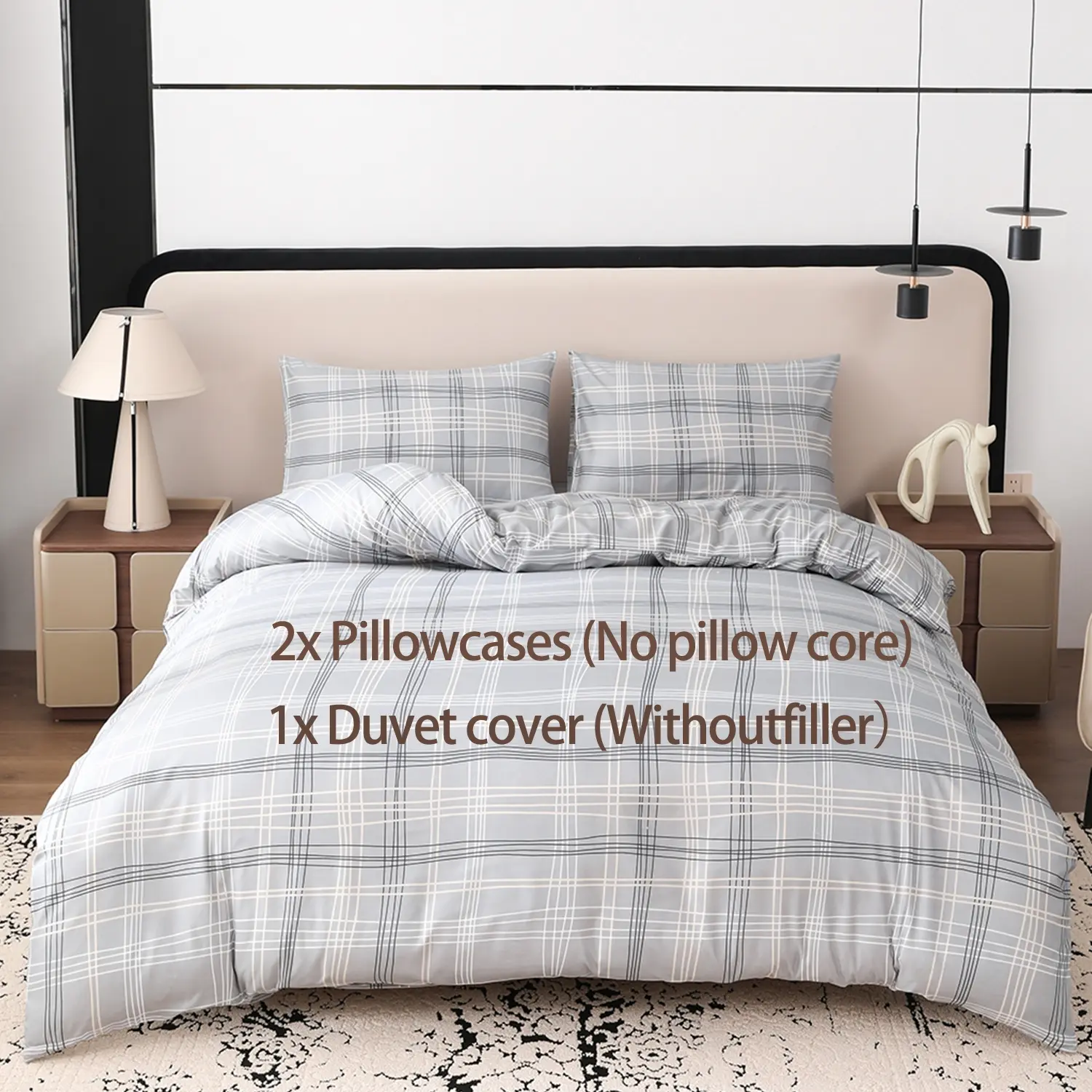 Plaid Lines Geometric Down Comforter Set, Dual-Sided Printed Zipper Closure, 3-Piece Light Bedroom Bedding Set, Includes 8 Corner Straps & 2 Pillowcases
