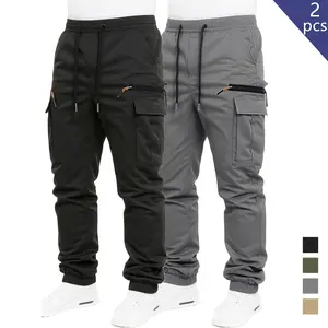 Clean Gent 2-pack men’s loose solid-color cargo pants with drawstring waist and pockets, street-style joggers suitable for everyday and outdoor wear, ideal for all seasons