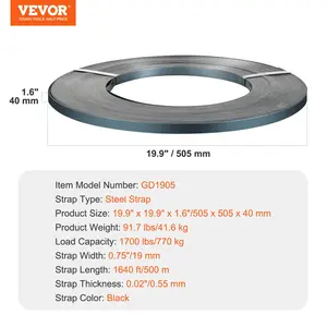 VEVOR Packaging Steel Strapping Roll, 1640' Lengthx 3/4 Widthx 0.02 Thickness, 1700 lbs Break Strength, Heavy Duty Banding Pallet Strap Coil, Portable Strong Banding Packing Metal Straps, Black