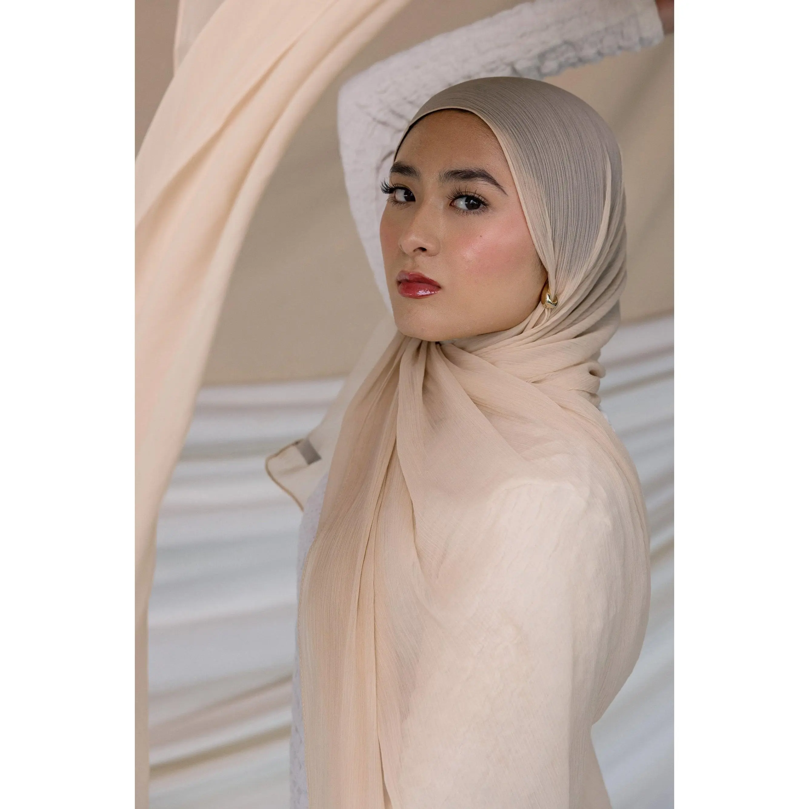 VELA Women's Warm Travertine Crinkle Chiffon Square Hijab - Lightweight Solid Color Head Scarf Wrap for Casual, All-Season Wear, All Seasons