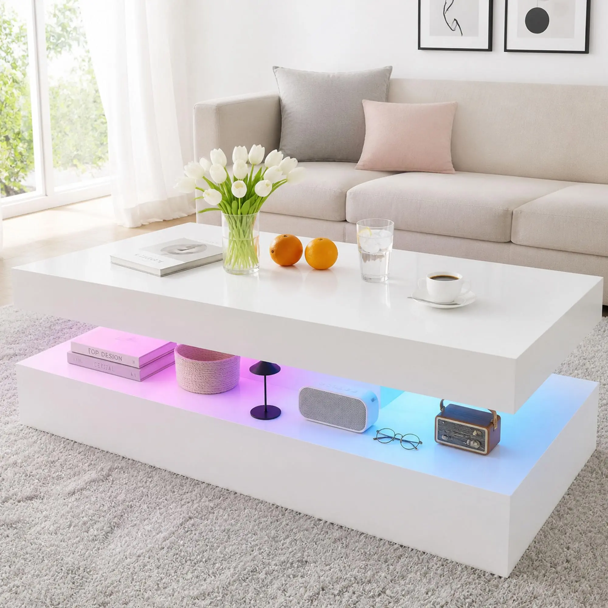 Aoxun Smart LED Contemporary Coffee Table - 47” High-Glossy Finish, 2 Sliding Drawers, Double-Layer Storage, White Indoor Furniture with Outlets, 39”/47” Sizes, Apartment & Living Room Tables & Desks