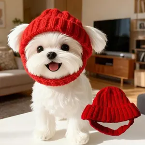Cozy Knitted Wool Hat for Small Dogs with Ear Holes Warm Comfortable Indoor Outdoor Pet Accessory Red Color Perfect Fit for Your Small Dog Winter Costume Outfits