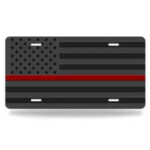American Flag, with Thin Red Line Metal Plate Aluminum License Plate - 6X12 - Inch Polished Metal Standard Plate, Easy to Install, Only for Decoration, Made in the USA