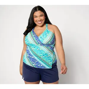 Denim & Co. Beach Wrap Front Tankini with Swim Short