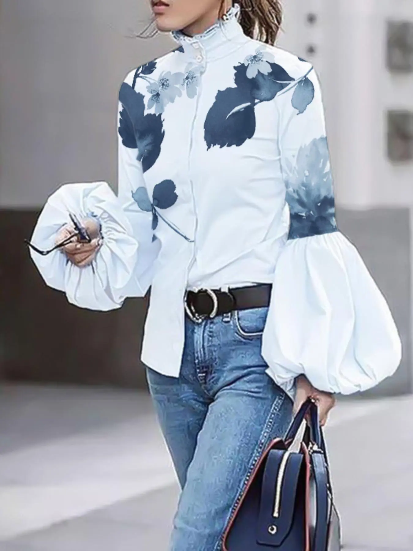 Women's Floral & Leaf Print Button Decor Shirts, Casual Elegant Bishop Sleeve Top for Daily Wear, Ladies Clothes for All Seasons, Button Up Blouse
