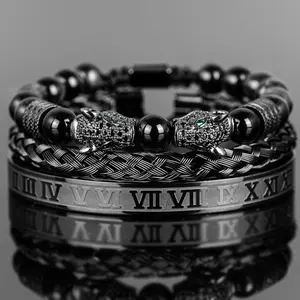 Men's Black Leopard Head Braided Bracelet Stainless Steel Roman Numeral Vintage Bracelet Set