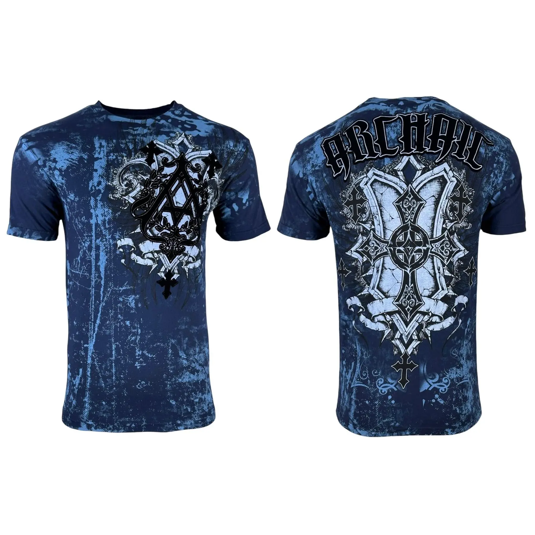 Archaic by Affliction Menswear Men's Helix Graphic T-Shirt - Shortleeve Round Neck Crewneck, 100% Cotton Casual Top with Blue & Black Flock Print