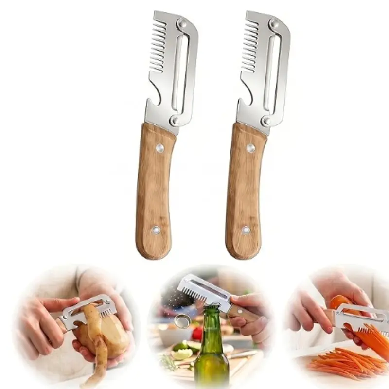 2-Piece Peeler Set, Wooden Handle Stainless Steel Peeler with Bottle Opener, Multi-Functional Vegetable Fruit Peeler for Potatoes, Carrots, Apples, Pumpkins, Sugarcane, Pineapple, Papaya, Fruit Veggie Peeler, Peelers for Kitchen