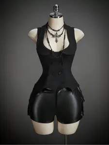 Women's American Fashion Halloween Vampire Cosplay Costume Asymmetric Hem Countess Style Jacket Top, Short Sleeveless Plain Design