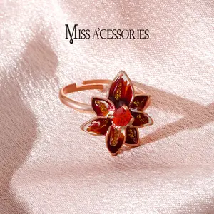 Enamel Floral Ring | Sparkly Red Crystal Center Rose Gold Tone | Luxury Vintage Floral Statement Ring | Timeless Evening Wear Jewelry | Y2K Boho Wear for Women | Perfect Gift for Her: Enamel Floral Red Crystal Ring