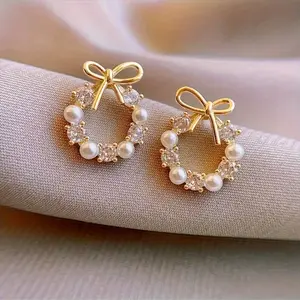 Cute Artificial Pearl Butterfly Bow Earrings Zinc Alloy Synthetic Zirconia Silver Ear Needle Boho Style for Daily Occasions