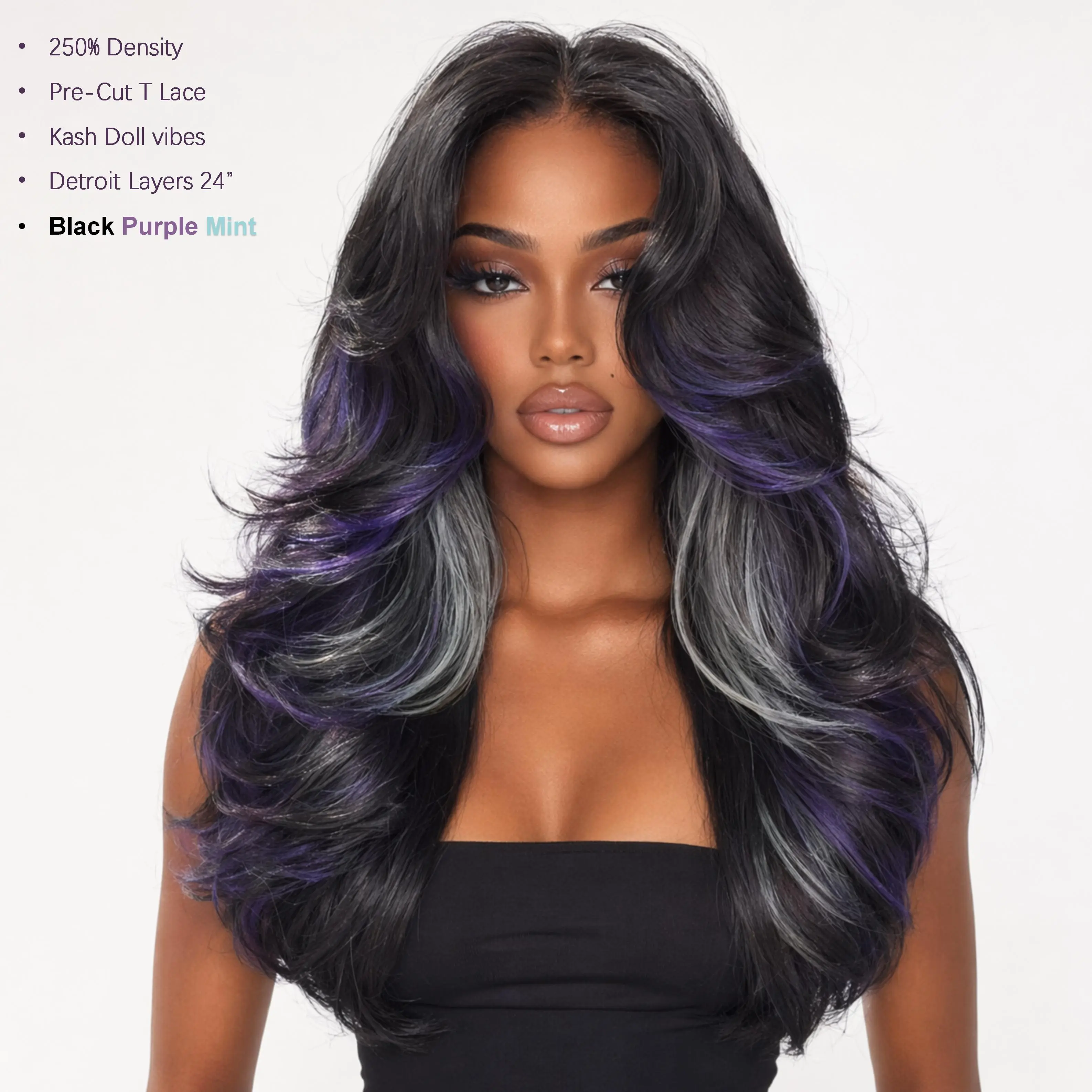 [Detroit Layers] Black Purple Mint 24 Inches Big Head Friendly Kash Doll Layers Beginher Hair Extra Full & Voluminous Middle Part Heat Resistance Fiber 250% Density Big-Head Friendly T-Part Lace Synthetic Pre-Cut Glueless Wigs SummerVibes