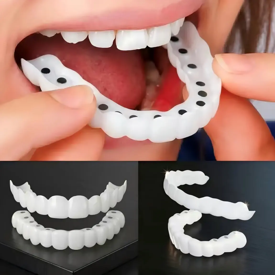 Silicone Snap-On Smile Fake Teeth Set (2-Pair), Oral Instant Veneers, Cosmetic Whitening Tooth Covers, Clip-In Top & Bottom Dentures for Daily Radiant Smile confident Dental stain