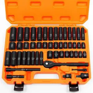 50-Piece 3/8" Drive Impact Socket Set, 6-Point Cr-V Construction, SAE (5/16-3/4 in) & Metric (8-22mm) Sizes, 3/8-Inch Drive Ratchet Wrench, Extension Bar, Impact Universal Joint