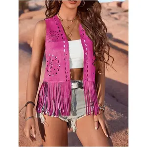 Women Fringe Vest 70s Hippie Faux Suede Sleeveless Tassels Cardigan Cowgirl Western Tops(Sheets)