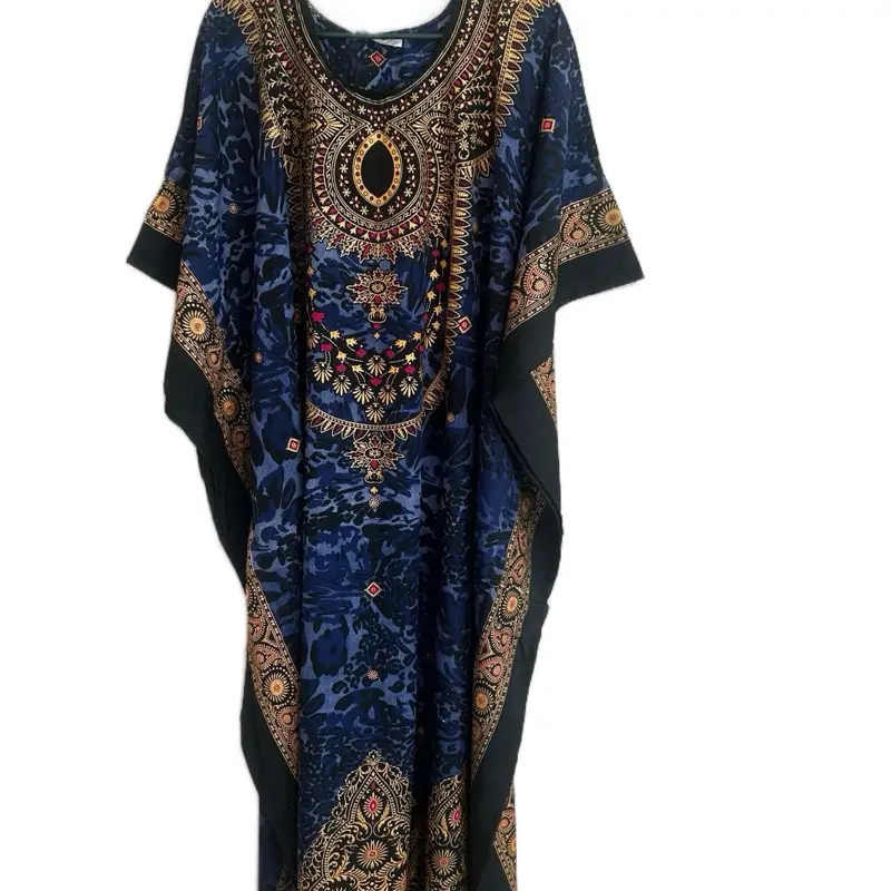 Plus Size Kaftan Women Dress - Parfait at Home Casual Wear, Women's Wear, Blue with Black and Gold Patterns