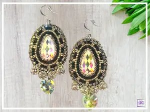 Black and Silver Beaded Earrings with Heart Charm | Sparkly Glittering Center Bead | Romantic Whimsical Jewelry