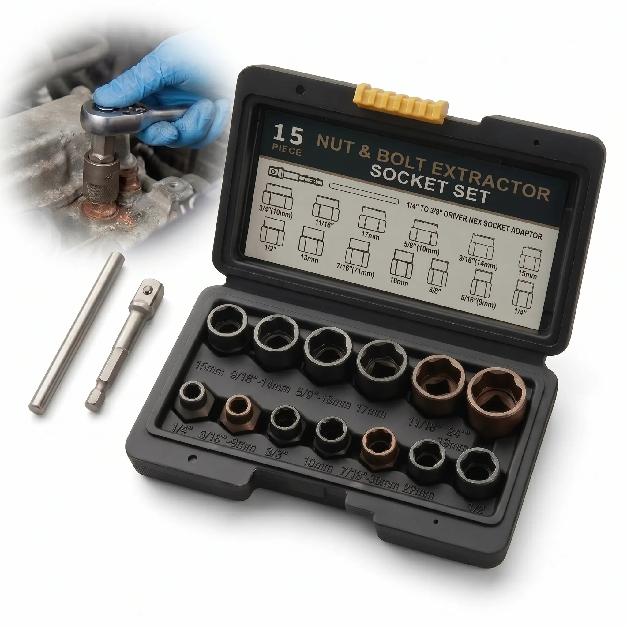 15PCS 3/8-in Drive Alloy Steel Nut & Bolt Extractor Socket Tool Kit Set with Adaptor, High-Hardness Rust Removal Hand Wrenches for Mechanics, Rusted/Frozen Fasteners, Father's Day Gift