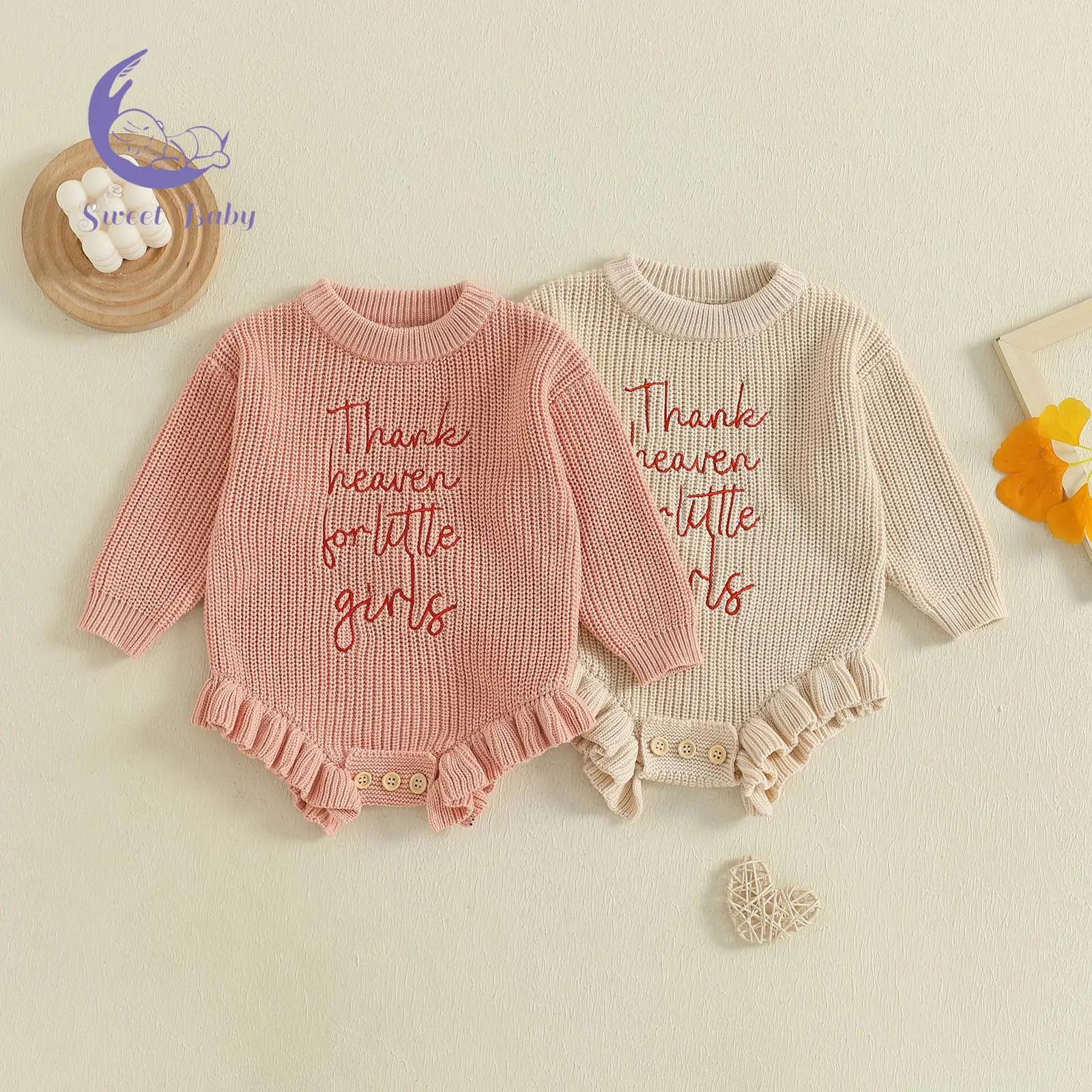 Baby Girls Sweater Rompers Letter Pattern Ruffles Crew Neck Long Sleeve Fall Bodysuits Jumpsuits