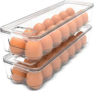 Pack of 2 Egg Container With Lid and Handle for Refrigerator Organization-  - Clear Stackable Egg Holder for Kitchen or Pantry Organizers and Storage