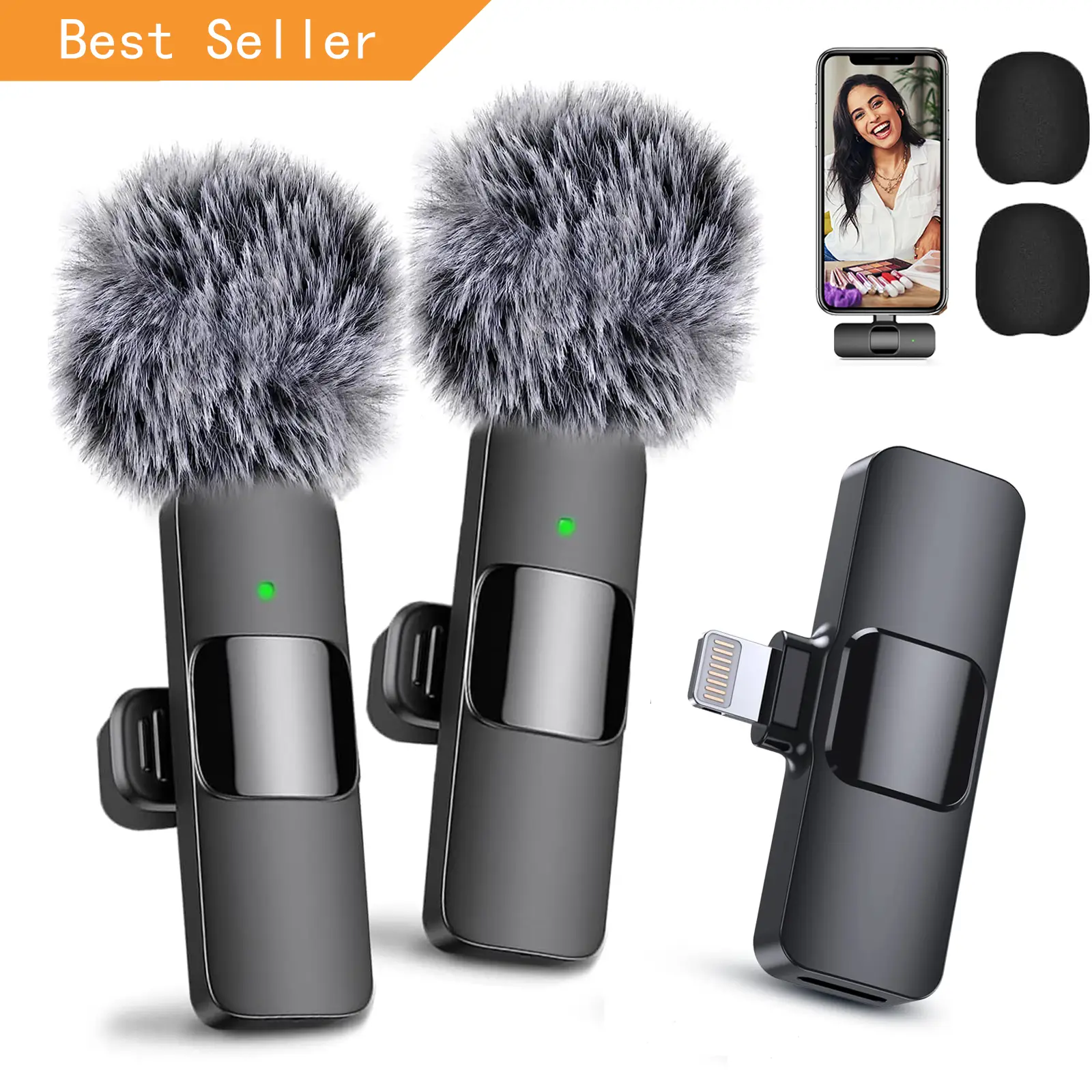 2 Pack Lavalier Wireless Microphone for iPhone Smartphone iPad, Wireless Lapel Microphone with Clear Audio for Recording, Wireless Microphone for Vid