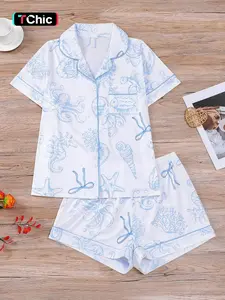 Women's Blue Sea Horse Octopus Print Sleepwear Set, Short Sleeve Lapel Cardigan Top, Loose Elastic Shorts, Casual All Season Home Wear