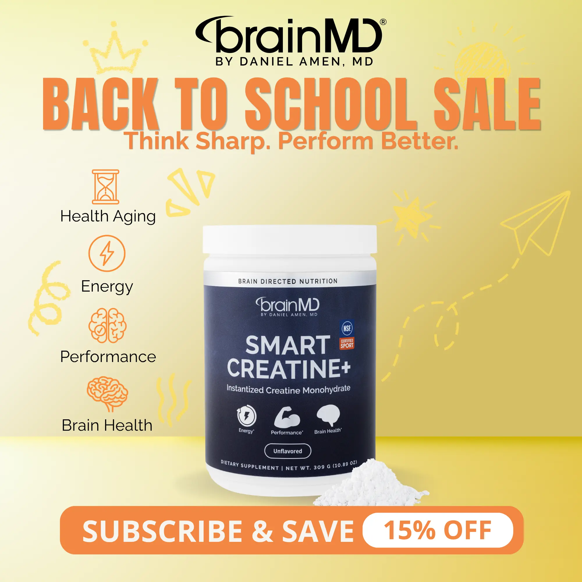 Smart Creatine+ | BrainMD | NSF Certified 60 Servings Powder | Muscle Strength & Performance Support | Brain Focus, Energy & Healthy Aging Support | iCreatine Creatine Monohydrate
