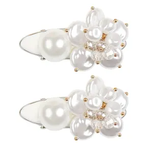 Artisan Vintage Pearl Flower Hair Clips Exquisite Luxurious Hair Accent for Side or Bang Styles with Golden Rivets and Translucent Crystal Beads | Elegant Pastel Bow french hair pin