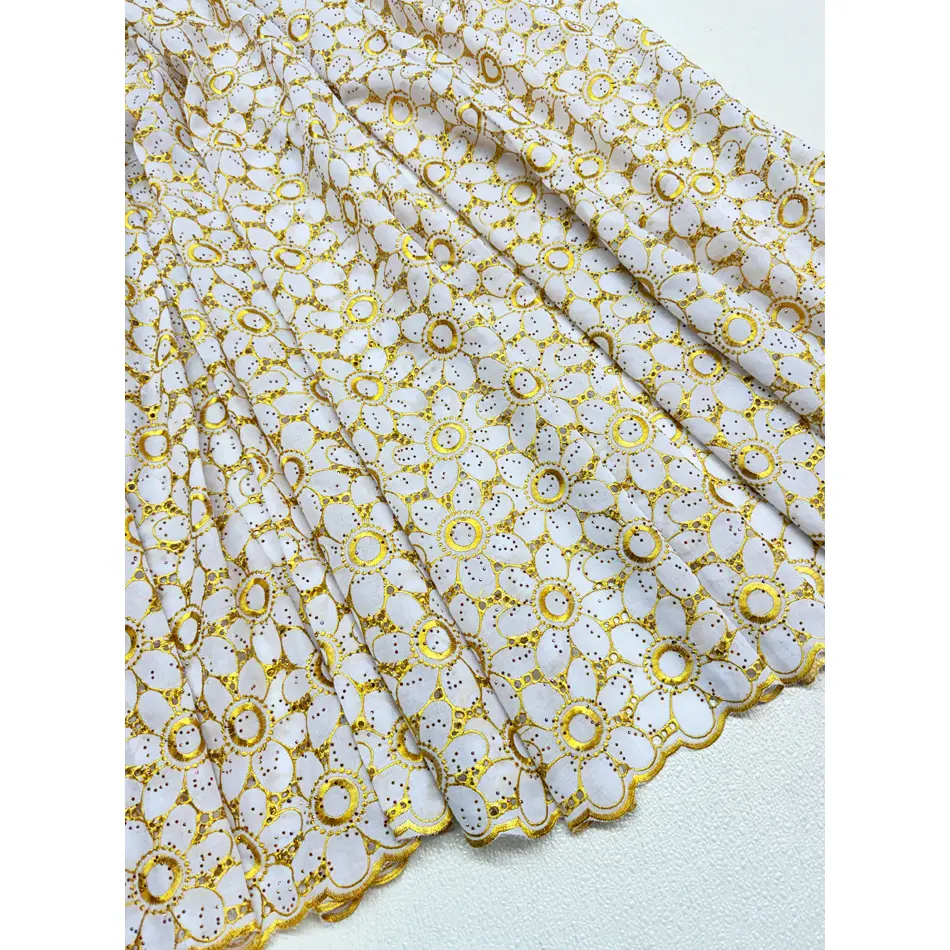 Swiss Voile Cotton Lace Fabric, 5yd Piece with Tiny Stones, White & Gold for Bridal Special Events, 5-Yard Piece